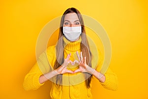 Portrait of her she nice attractive healthy girl wearing safety mask showing heart sign stop infection influenza mers
