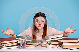 Portrait of her she nice attractive ignorant illiterate doubtful girl preparing exam test subject university 1-September