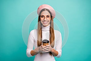 Portrait of her she nice attractive lovely pretty fashionable cheerful cheery straight-haired girl drinking latte