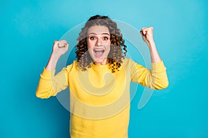 Portrait of her she nice attractive lovely pretty glad cheerful cheery ecstatic wavy-haired girl rejoicing great news