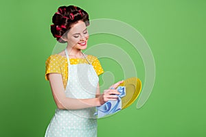 Portrait of her she nice attractive pretty glamorous charming cheerful focused maid wearing curlers wiping polishing