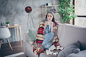 Portrait of her she nice attractive sick brunette girl sitting on divan covered in veil feeling bad suffering flue