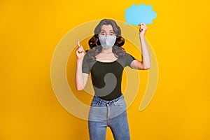 Portrait of her she nice brainy amazed wavy-haired girl wear safety reusable mask stop pandemia holding hand paper cloud