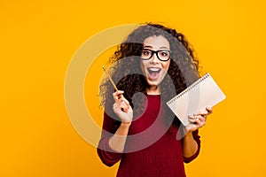 Portrait of her she nice cute attractive cheerful cheery amazed wavy-haired lady great idea article news academic a-mark