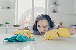 Portrait of her she nice cute lovely beautiful concentrated focused wavy-haired house-wife busy hard polishing spot