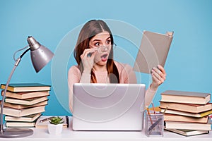 Portrait of her she nice-looking attractive amazed astonished stunned girl reading scientific article discovery at work