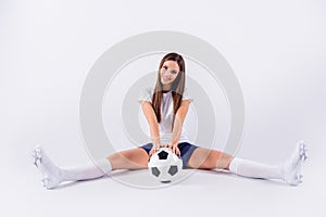 Portrait of her she nice-looking attractive lovely pretty cheerful straight-haired girl sitting with ball widely opened