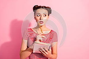 Portrait of her she nice-looking cute attractive winsome curios teen girl wearing striped t-shirt creating letter