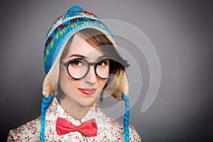 Portrait of Hipster Girl in Funny Winter Hat