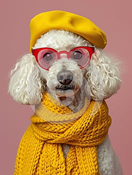 hipster white poodle wearing a yellow knitted beret, a long orange scarf and red glasses on a pink background.