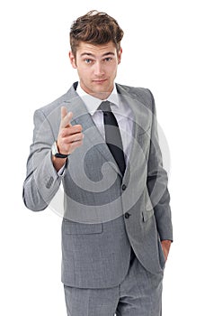 Portrait, hiring and pointing with business man in studio isolated on white background for recruitment choice. Corporate