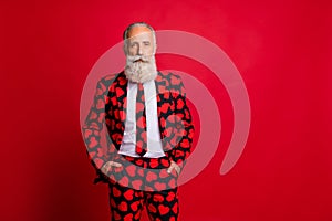Portrait of his he nice attractive imposing trendy funky bearded gray-haired man wearing festive theme costume isolated