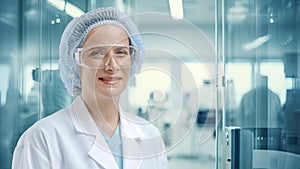 portrait of Hispanic female research scientist, standing against a blurry background of a high technology laboratory, signifying