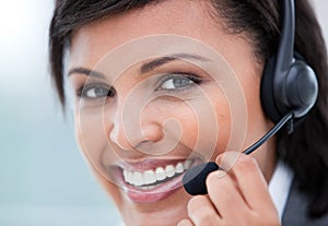 Portrait of a hispanic woman with earpiece on