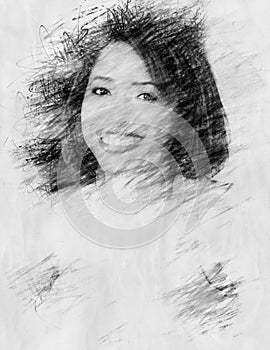 Portrait of hispanic woman in pencil drawing style