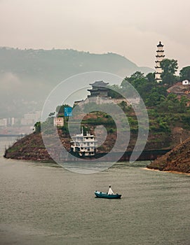 Portrait of historic site on hill along Yangtze river, Baidicheng, China