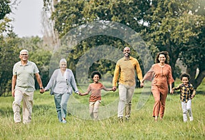 Portrait, holding hands and happy family at a park walking, bond and having fun in nature together. Love, smile and