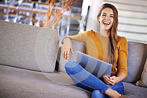 Portrait, home and woman with a laptop, smile and connection with research in a living room. Person, apartment and girl