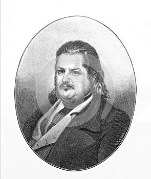 Portrait of HonorÃÂ© de Balzac, a French novelist and playwright in the old book The Literature of XIX century, by E.A. Solovieva, photo