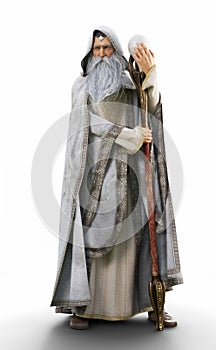 Portrait of a hooded grey cloaked wizard holding his magical staff on an  white background.