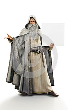 Portrait of a hooded wizard with grey beard holding a white poster mock up board advertisment