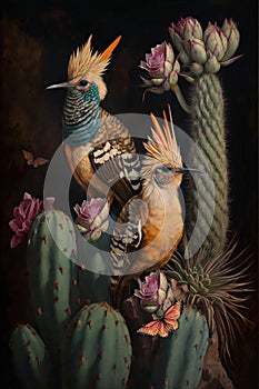 Portrait of hoopoes among roses, cacti and plants