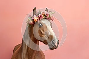 Portrait of horse with flowers on pastel background