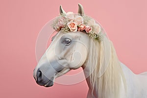 Portrait of horse with flowers on pastel background