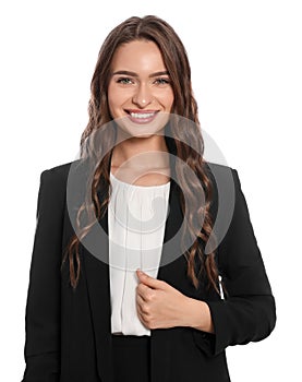 Portrait of hostess in uniform on white background