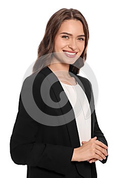 Portrait of hostess in uniform on white background