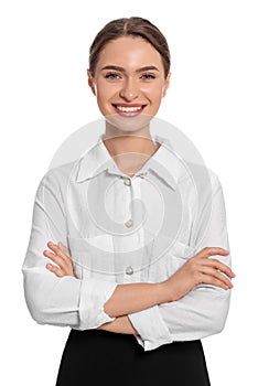 Portrait of hostess in uniform on white background