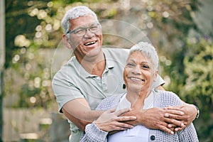 Portrait, hug and happy senior couple in a garden with care, trust and conversation, support and love outdoor. Face