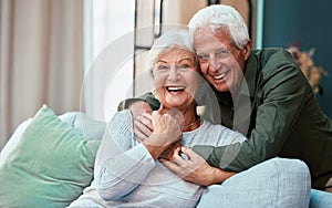 Portrait, hug and senior couple in living room in home, smiling and bonding. Love, retirement and smile of happy elderly