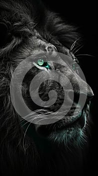 Portrait of huge beautiful male African lion with green eyes against black background