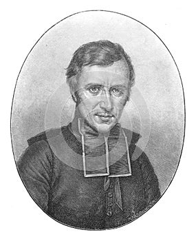 Portrait of Hugues FelicitÃ© Robert de Lamennais, a French Catholic priest, philosopher and political theorist in the old book The