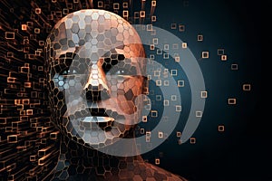 portrait of a human face made of mosaic of disintegrating square shapes and cubes background, cybernetics, computer