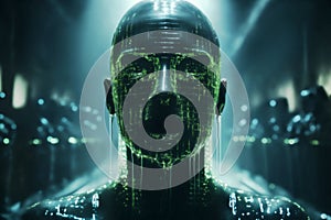 portrait of a humanoid robot with a hologram on its face and body in a dark room with army of soldiers on background, green