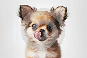 Portrait hungry and funny cute little chihua puppy licking it lips with tongue on white background. ai generative