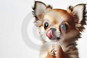 Portrait hungry and funny cute little chihua puppy licking it lips with tongue on white background. ai generative