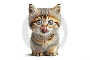 Portrait hungry small cat pet licking its lips with tongue Isolated on white background. ai generative