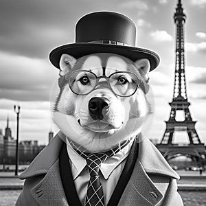 Portrait of a Husky dog wearing glasses, a hat and a coat against the background of the Eiffel Tower. AI generation