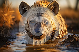 Portrait of a hyena, an evil predator of the savannah.