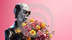 Portrait of hyperrealistic futuristic robot character wearing sunglasses holding bouquet of rose flowers on minimal pink