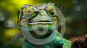 portrait iguana reptile green animal lizard glasses scale wildlife close-up. Generative AI.