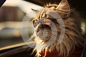 portrait illustration of a cat with sunglasses in car. Generative AI