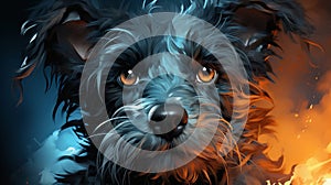 Portrait illustration of a shaggy dog with water and fire colors background, generative ai