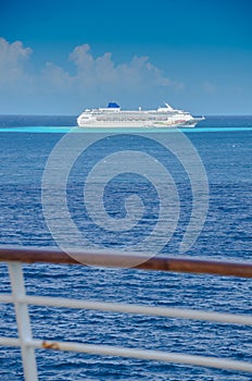 Portrait image of cruise ship in open ocean