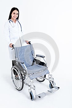 Portrait images of Asian doctor woman, was pushing the wheelchair