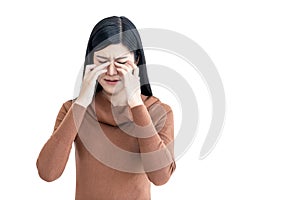 Portrait images of Asian pretty woman 26 year old are under stress and eye pain from migraine