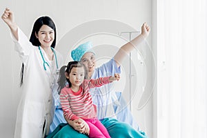 Portrait images of cancer patient, her daughter and doctor woman, are smiling, happy from the successful treatment